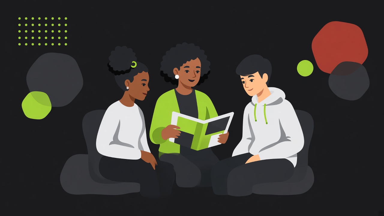 An educator guiding two students through a lesson booklet