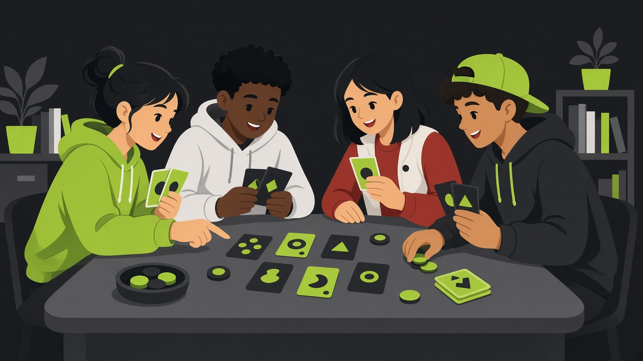 Students gathered around a table playing a financial literacy card game