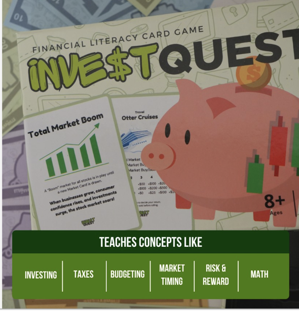 InvestQuest box and cards, with the concepts the game teaches