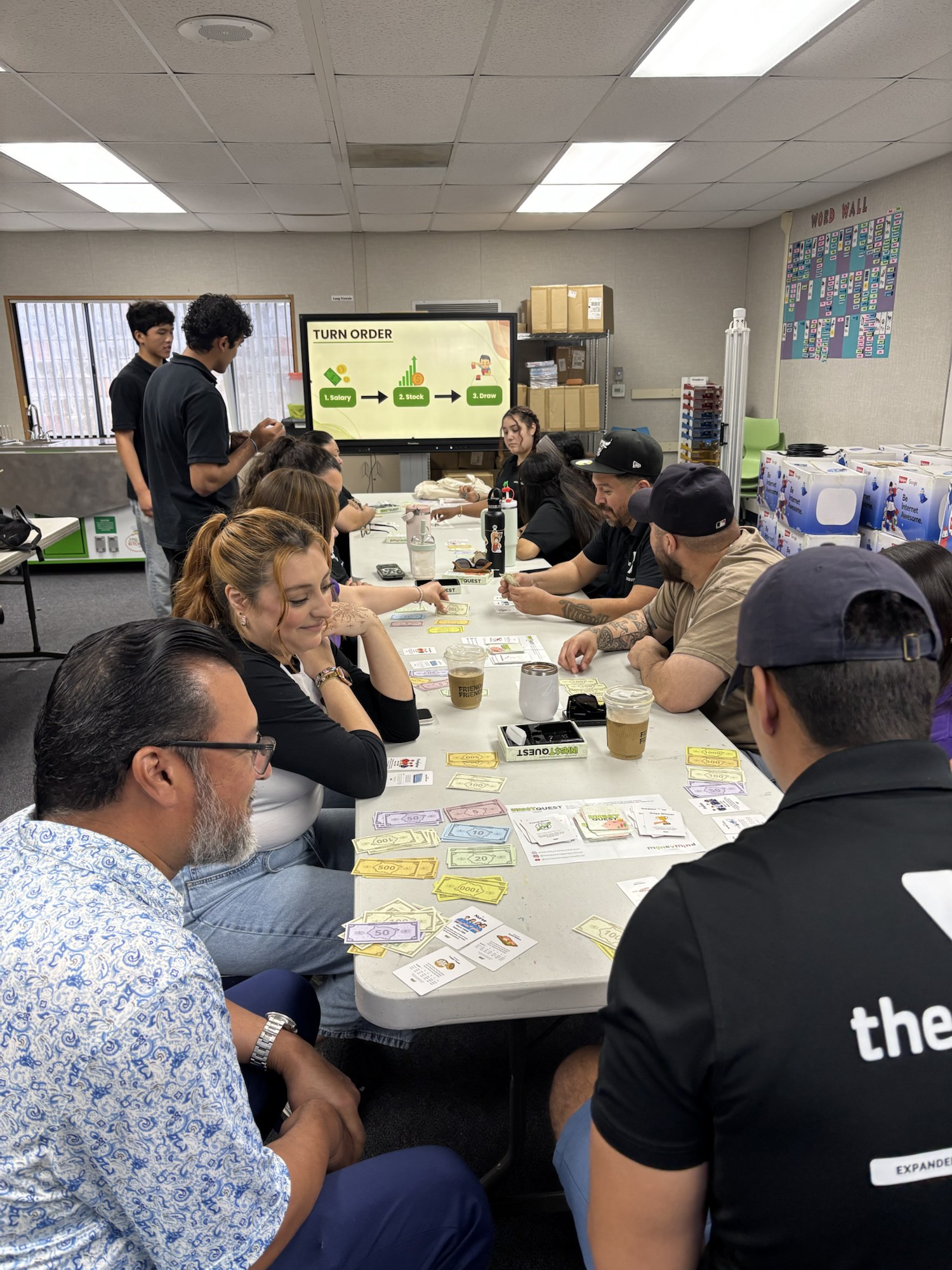 Educators playing InvestQuest together around a workshop table