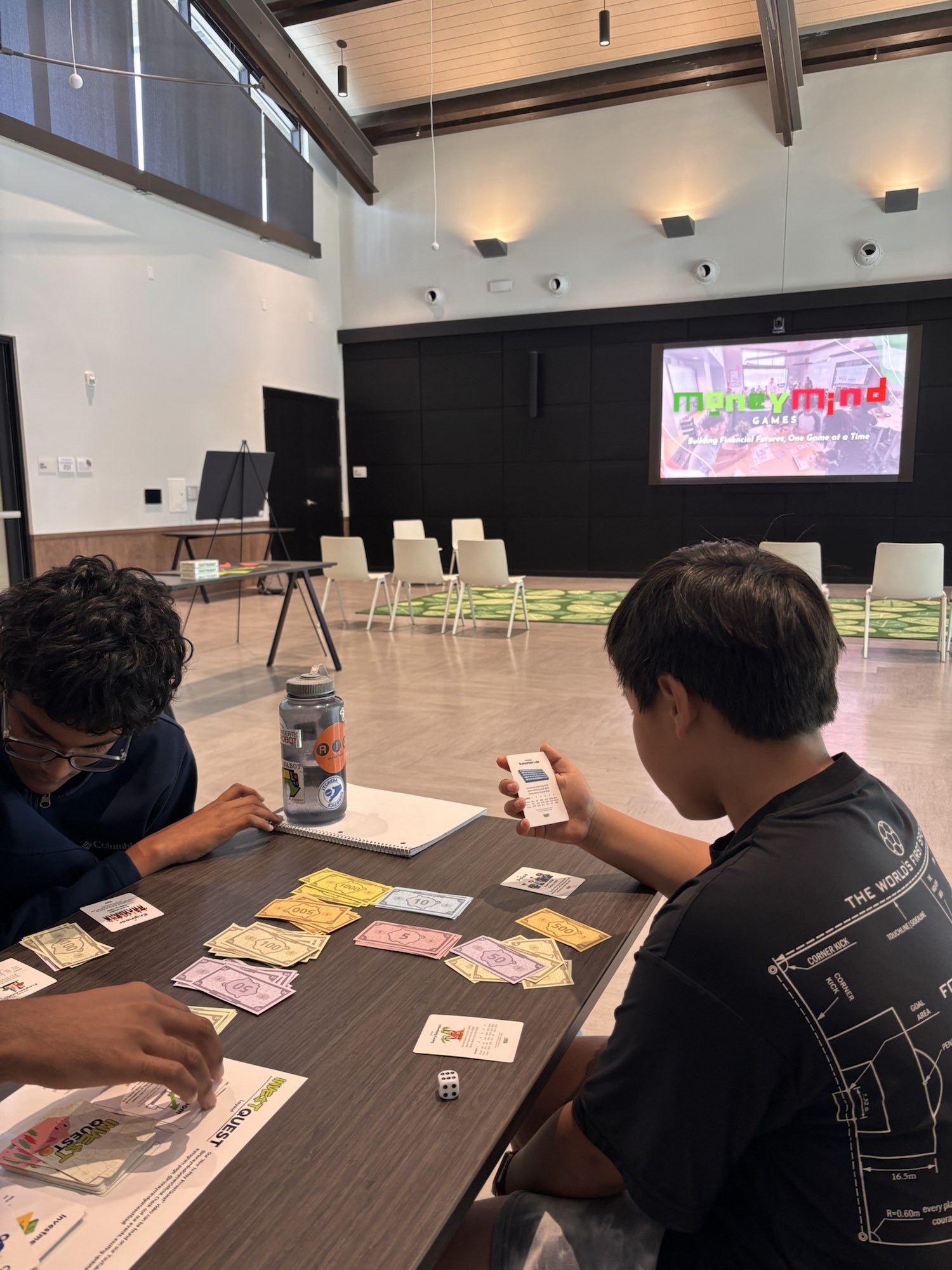 Two players at a MoneyMind Games event with InvestQuest on the table