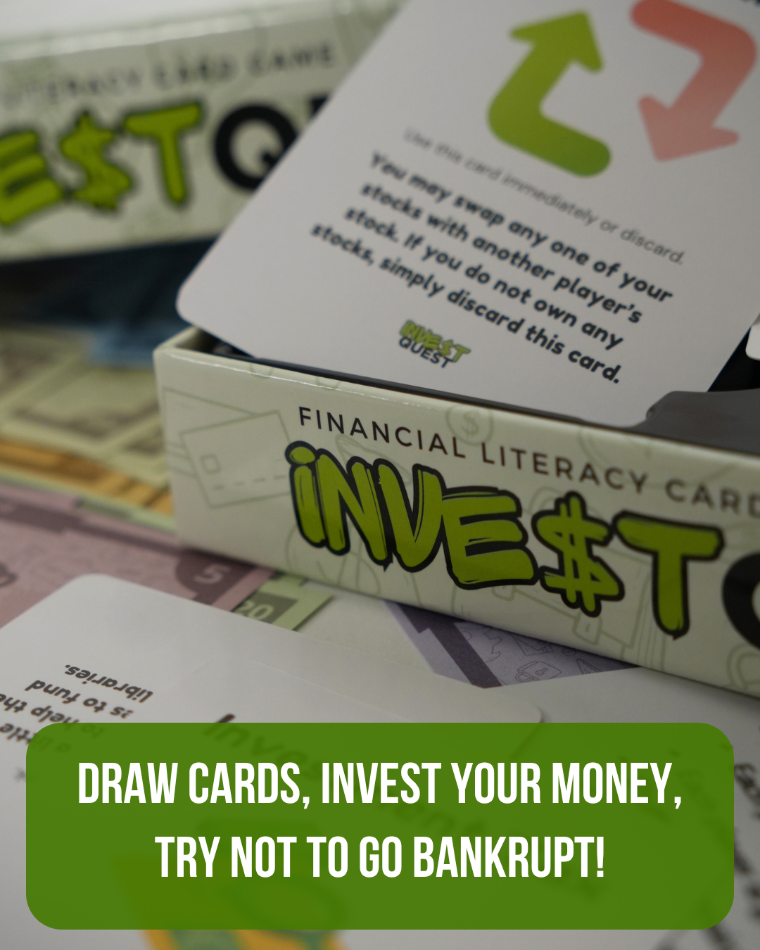 InvestQuest box with key financial literacy concepts: invest, risk, reward, taxes, and budget